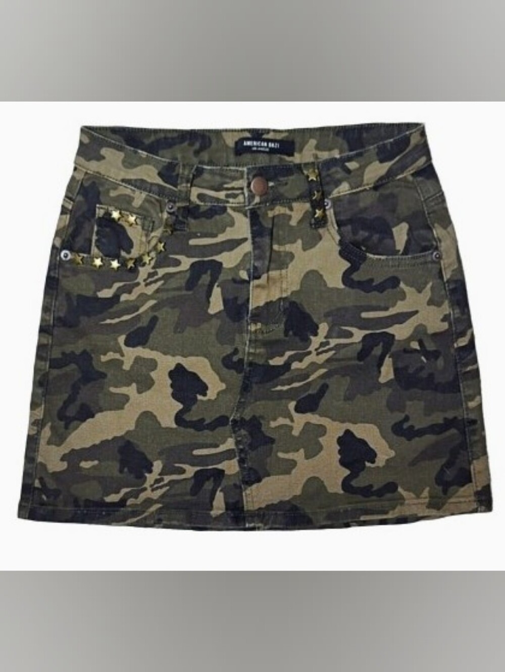 American Bazi Y2K Camo Denim Mini Skirt With Brass Star Embellishments